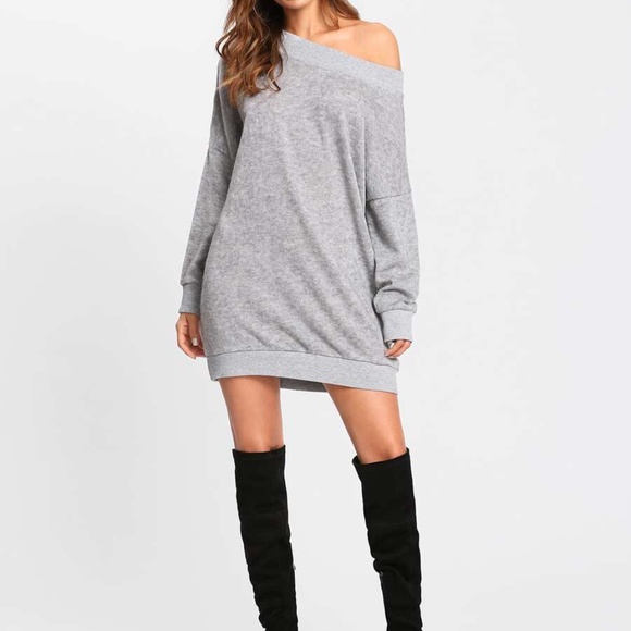 oversized grey off shoulder knit sweater dress - Picture 4 of 6